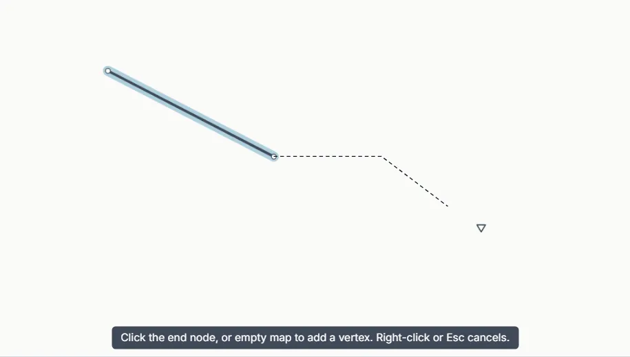 A conduit being drawn on the map. A solid line runs from the start node to a vertex, then a dashed line follows the mouse towards an outfall symbol. A hint at the bottom reads Click the end node, or empty map to add a vertex. Right-click or Esc cancels.