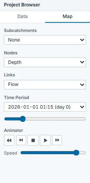The Map tab of the Project Browser: Subcatchments None, Nodes Depth, Links Flow, the time period 2026-01-01 01:15 (day 0) with a slider, the Animator buttons (back, step back, stop, play, step forward) and a Speed slider.