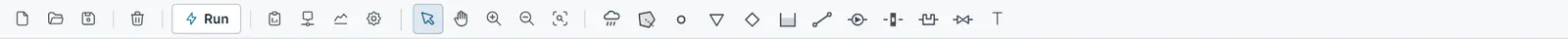 The toolbar. From the left: New, Open, Save and Delete; the Run button; Status Report, Profile, Time Series and Options buttons; the map tools Select (highlighted), Pan, Zoom In, Zoom Out and Full Extent; then the buttons that add a rain gage, subcatchment, junction, outfall, divider, storage unit, conduit, pump, orifice, weir, outlet and map label.