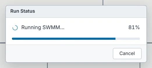The Run Status box while running: a spinner, Running SWMM... and 81%, a progress bar and a Cancel button.